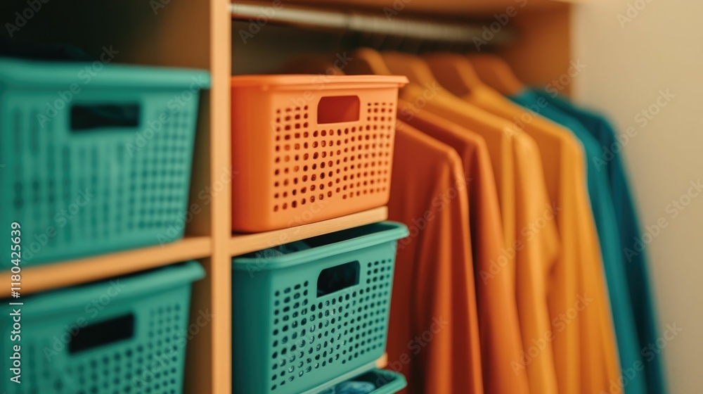 Poster organized and tidy laundry area with folded clothes neatly stacked on shelves and sorting bins nearb