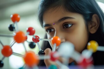 Indian female student studying science with a molecular model kit focused shot