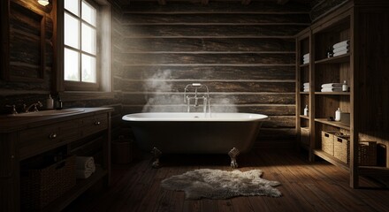 Rustic log cabin bathroom with clawfoot tub and wooden interiors