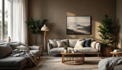 Cozy modern living room night with a large window, two sofas, a coffee table, and a painting on the wall.