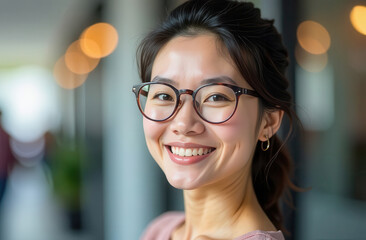 Happy asian woman in optical pink glasses on blurred background. Portrait of businesswoman. Woman with poor eyesight in glasses. in optics.Secretary. Manager. Director