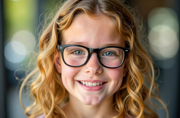 Obraz premium Happy girl in glasses on a blurred background. Red-haired curly girl in optical glasses. Child with poor eyesight in bright cheerful glasses.