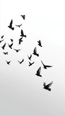 Fototapeta premium Flock of Birds in Silhouette Against Light Gray Background