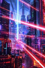 Fototapeta premium A laser projectile streaks through a futuristic cityscape, illuminating neon-lit high-tech architecture with vibrant beams of light.