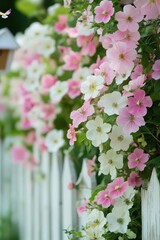 Pink and white flowers climbing a picket fence.