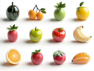 12 icônes de fruits en 3D sur fond blanc