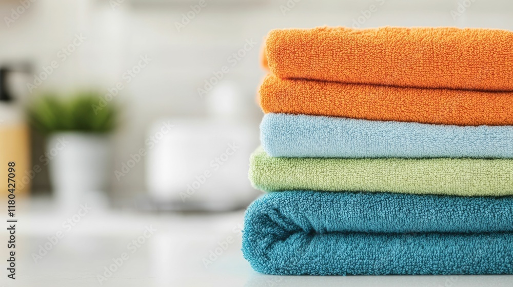 Poster neatly stacked and folded linens including soft plush towels in vibrant colors alongside a freshly w