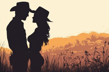 Silhouetted cowboy couple in hats flirtily gazing at each other at sunset on a ranch Wild West setting