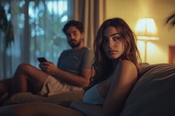 Obraz premium Signs of cheating girl suspects her boyfriend while he s on his phone sitting at home