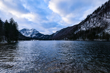 Panoramic view of the lake vorderer langbathsee near ebensee in the upper austrian region salzkammergut., Langbathsee zugefroren - Salzkammergut