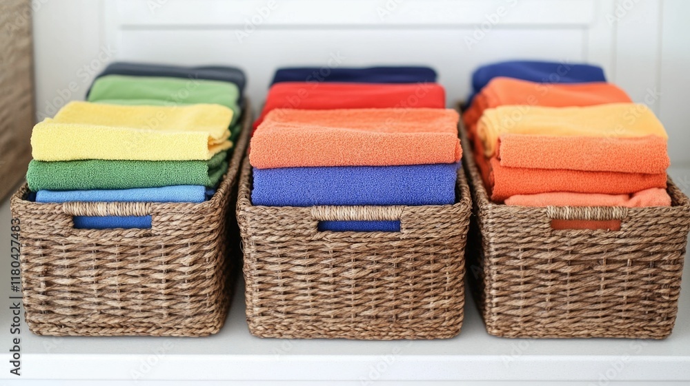 Poster colorful sorted laundry in organized wicker bins neatly arranged in a clean and minimalist laundry r