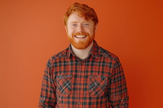 Smiling red haired man in plaid shirt poses against an orange background radiating positivity