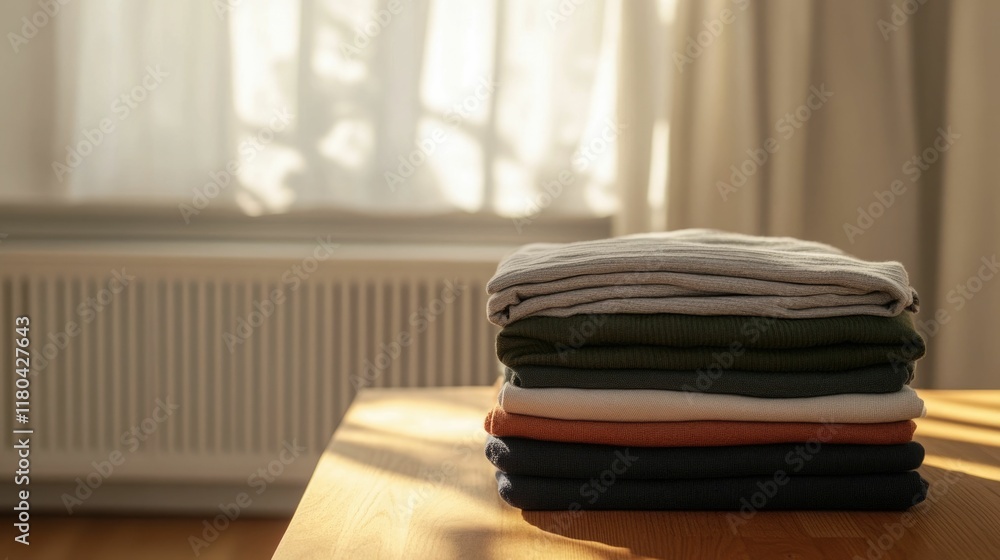 Poster tidy and organized home interior with neatly folded clothes and swept floors creating a peaceful and