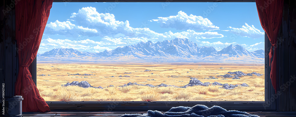 Poster A window with a red curtain in front of a mountain range