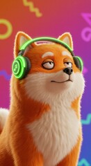 Fototapeta premium Cute cartoon dog with headphones enjoying vibrant music background