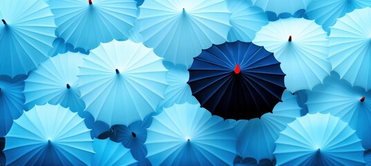 Overhead view of a pattern of light blue umbrellas with a single dark blue umbrella standing out. Concept of uniqueness and individuality.