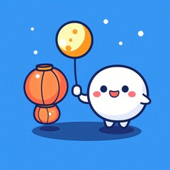 Naklejka premium Cute Ghost Character Holding Moon Balloon and Lantern Festive Illustration
