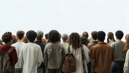 A large crowd of people standing closely together viewed from behind, with a diverse range of clothing and hairstyles visible against a transparent, isolated background