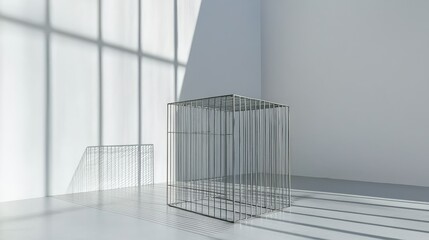Obraz premium Empty Wire Cage in Minimalist Room with Light and Shadows