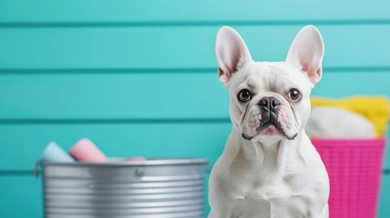 Adorable closeup portrait of a fluffy white French Bulldog puppy surrounded by pet care chores and supplies including cleaning baskets containers