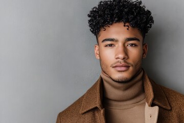 Obraz premium Young Hispanic male model with curly hair in a chic turtleneck and jacket poses for the camera against a gray backdrop