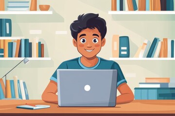 Young Indian male student or remote worker participating in online courses and virtual meetings from his home office using a laptop