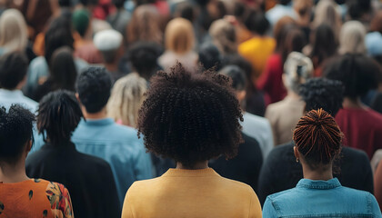 A large crowd of people standing closely together viewed from behind, with a diverse range of clothing and hairstyles visible against a transparent, isolated background