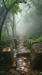 Enigmatic Pathway Through Misty Forest Ruins Surrounded by Nature
