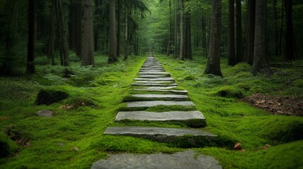 Obraz premium A moss-lined stone pathway stretches into a lush forest, suggesting adventure and serenity within nature's embrace.