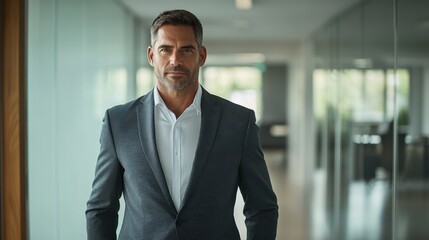 Fototapeta premium Man in charcoal suit standing confidently in modern office