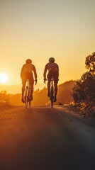 Fototapeta premium Cyclists Riding on Scenic Road at Sunset with Golden Sky Background