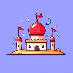 Fototapeta premium Enchanting Island Palace Under Night Sky Magical Red Domes Fantasy Castle