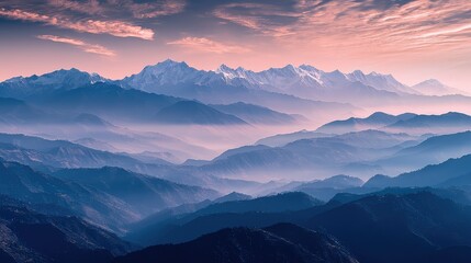 Fototapeta premium Serene Mountain Landscape at Sunrise with Mist and Soft Colors