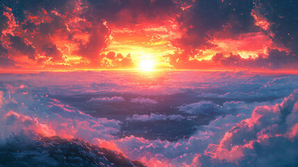 Fiery Sunset Above a Sea of Clouds and Mountains