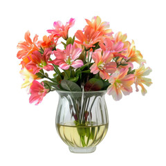 PNG Of Vibrant bouquet of pink and orange artificial flowers in a clear glass vase, White or Transparent Background