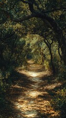 Naklejka premium Serene Nature Trail Surrounded by Lush Greenery and Sunlight