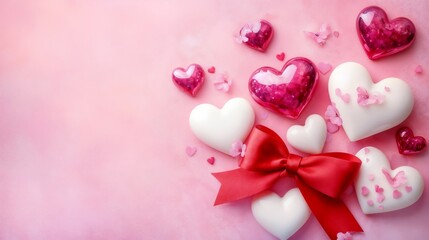 Fototapeta premium White and pink hearts on a soft pink background with a bright red bow, ideal for Valentine's Day celebrations and love-themed designs with copy space