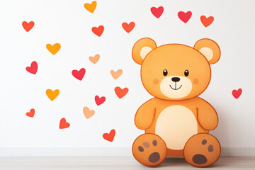 Obraz premium Love theme, Playful teddy bear surrounded by colorful heart patterns, evoking joy