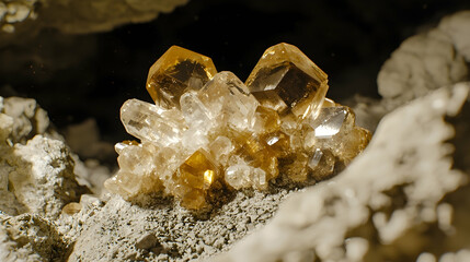 Cluster of Amber Crystals Embedded in Cave-like Rock Formation.