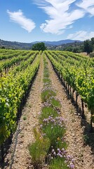 Lush Vineyard Rows Under Bright Blue Sky with Fluffy Clouds