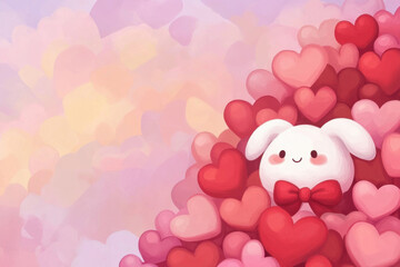 Obraz premium Love theme, Cute bunny surrounded by colorful hearts, perfect for Valentine Day