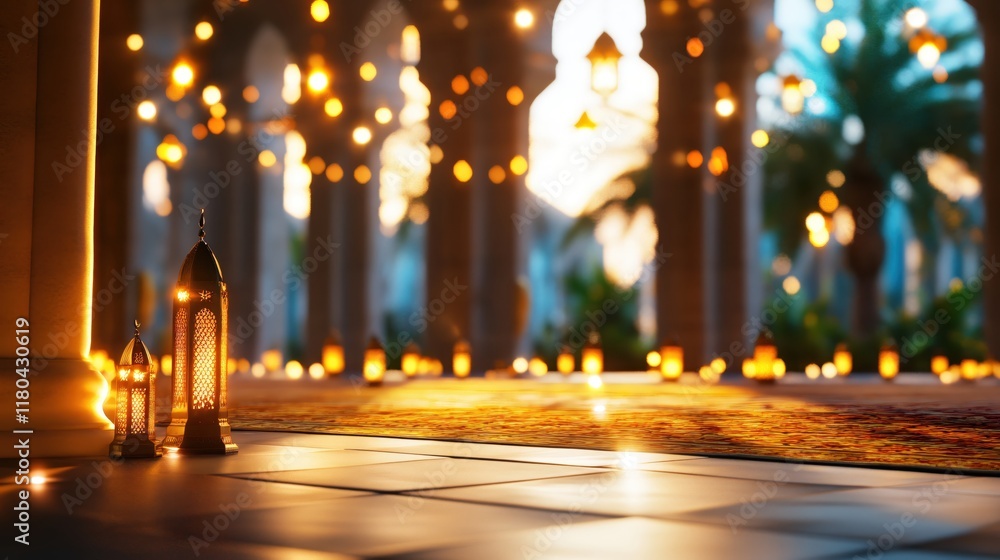 Poster serene evening ambiance with lanterns and warm golden lights in a tranquil setting