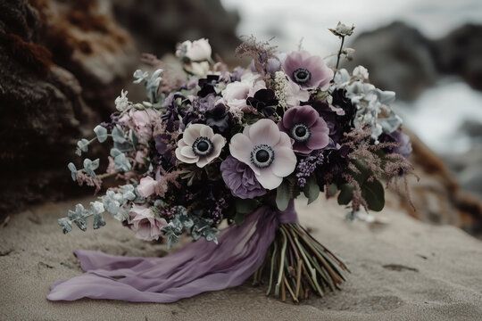 Bouquet of lilac and purple anemones on the sandy beach