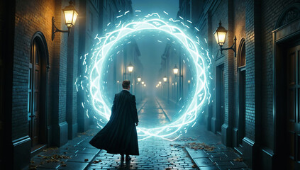 Time traveler faces glowing portal in victorian london - Generative AI
