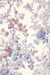 Timeless Toile, Elegant Toile De Jouy pattern in soft blues and pinks features intricate vintage floral motifs. Delicate details and classic elegance create a timeless beauty.