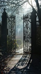Obraz premium Misty Gate with Intricate Ironwork Framing a Serene Landscape