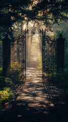 Fototapeta premium Enchanted Antique Gate Leading into a Misty Forest Pathway