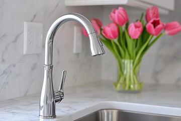 Modern Chrome Kitchen Faucet with Pull Down Sprayer Pink Tulips