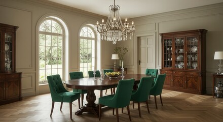 Elegant dining room with crystal chandelier and green chairs in sunlit space