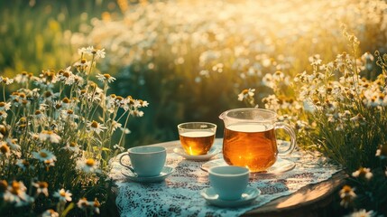 A cozy setup of herbal tea with chamomile, set against the backdrop of a wildflower meadow.